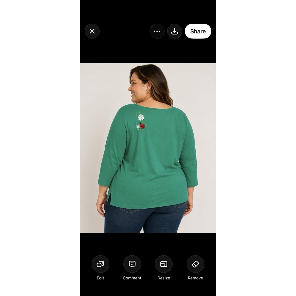 Quacker Factory Green Floral Embroidery Ladybug Dangle Knit Top Size 2X - Picture 2 of 12